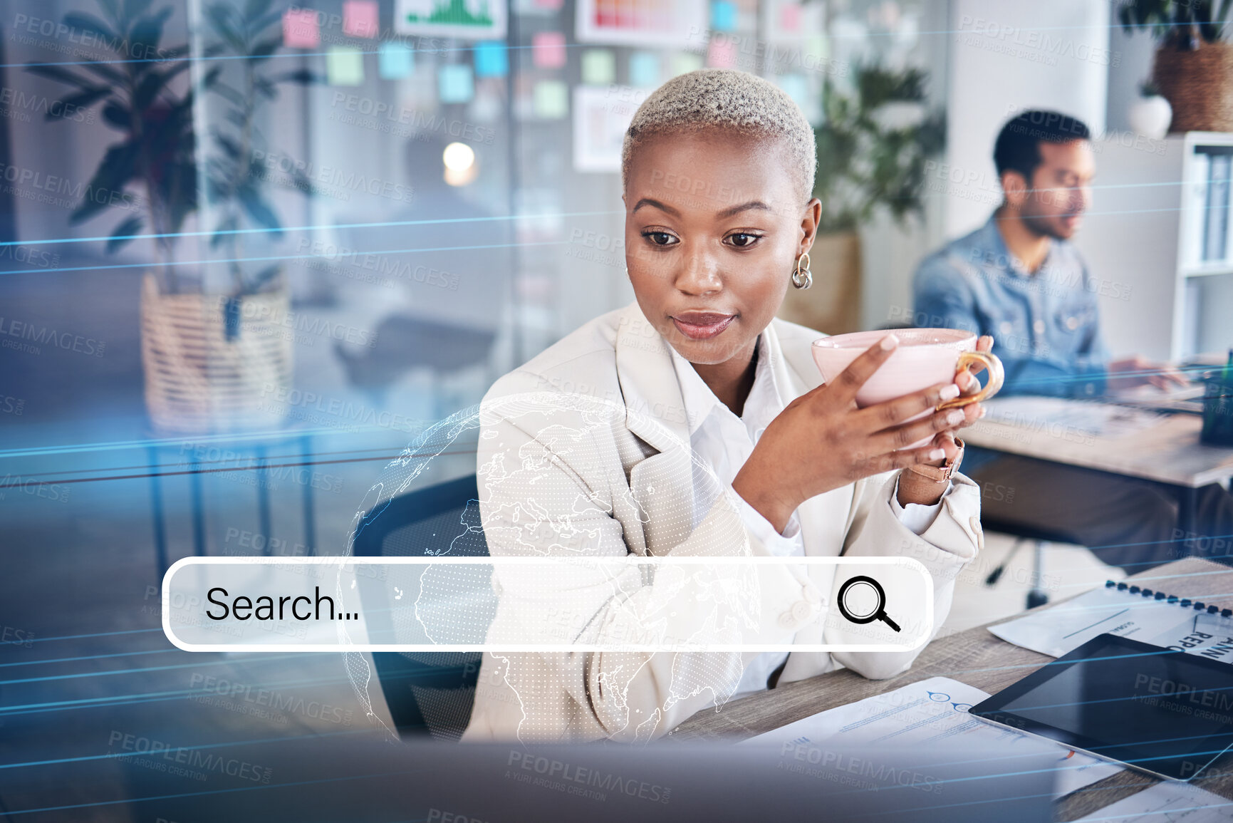 Buy stock photo Woman, business and laptop search engine for information hologram, SEO graphic and iot research. Thinking, worker and African employee with coffee on technology, internet and office browsing overlay