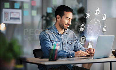 Buy stock photo Businessman, laptop and cybersecurity overlay with futuristic hologram, data safety or software developer in office with innovation of technology. Ux, hacker of cyber security and future of fintech