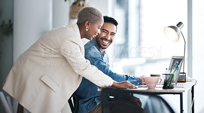 Buy stock photo Business people, team and laughing on laptop in office for planning happy project, information and collaboration. Man, woman and diversity of employees smile for funny joke on computer tech in agency