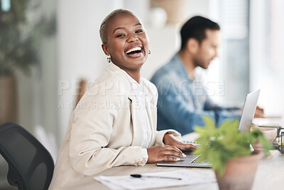 Buy stock photo Portrait, employee and black woman with a laptop, funny and business with marketing expert, staff and planning. Face, female person or leadership with a pc, humor or review success with data analysis