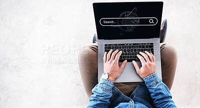 Buy stock photo Laptop, search bar and hands of business man typing on browser for research, website and internet. Keyboard, iot and above of male person on computer homepage for information, knowledge and working