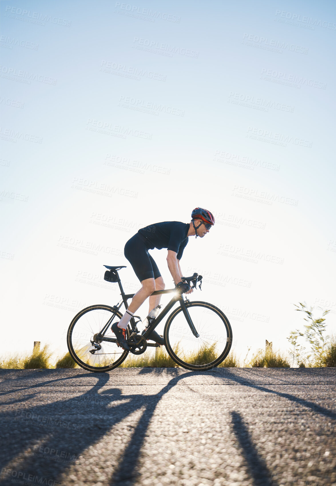 Buy stock photo Mountain, fitness and man athlete on bicycle cycling training for a race or marathon in nature. Sports, workout and male cyclist riding a bike for cardio exercise on an outdoor off road trail.