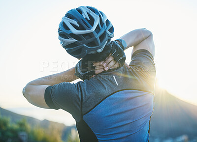 Buy stock photo Man, cycling and neck pain with injury outdoor, stress and helmet for safety, fitness or exercise in sunshine. Cyclist, emergency and medical problem in countryside for workout, race or performance