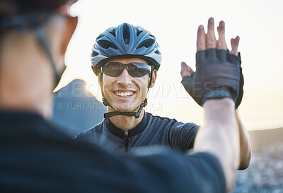 Buy stock photo Man friends, cycling and high five for teamwork, goal and success with winning, motivation and race in Cape Town. Cyclist team building, support and solidarity with smile, hands and happy for workout