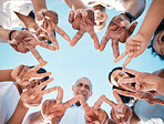 Peace, hands and people with star for team building, support and partnership from below. V sign, collaboration and group with finger emoji for teamwork, about us and faq, motivation or goal mission