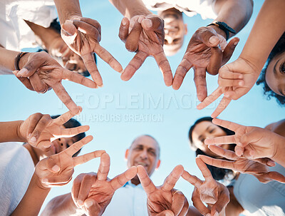 Buy stock photo Peace, hands and people with star for team building, support and partnership from below. V sign, collaboration and group with finger emoji for teamwork, about us and faq, motivation or goal mission