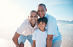 Grandfather, beach and portrait of father and boy on holiday, weekend and vacation in nature. Happy family, travel and grandpa, dad and child relax by ocean for bonding, quality time and having fun