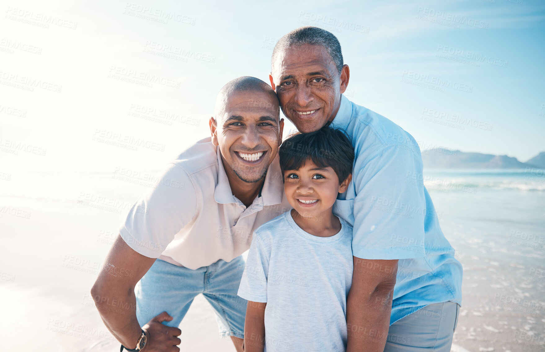 Buy stock photo Grandfather, beach and portrait of father and boy on holiday, weekend and vacation in nature. Happy family, travel and grandpa, dad and child relax by ocean for bonding, quality time and having fun