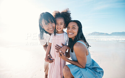 Buy stock photo Happy, hug and portrait of family at the beach, walking and bonding together as a female generation. Smile, affection and grandmother, mother and little girl at the sea for summer, relax and vacation