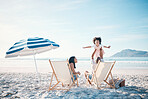 Happy, love and portrait of a family at the beach for playing, bonding and holiday at the ocean. Smile, summer and a child with freedom and playful father with a mother at the sea for a vacation