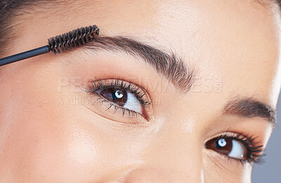 Buy stock photo Eyebrow brush, portrait and eyes of woman apply makeup for brow grooming, hair growth or facial cosmetics. Salon skincare closeup, beauty spa dermatology and female model face with self care results