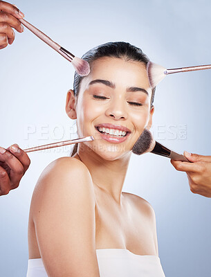 Buy stock photo Makeup brush, makeover and hands on asian woman studio with cosmetic, tools or application on grey background. Face, transformation and lady model with beauty, glamour or contour cover results