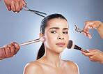 Brush, makeup and face of woman with doubt in studio for wellness, beauty and cosmetics on blue background. Cosmetology, salon and confused female person for application, foundation and products