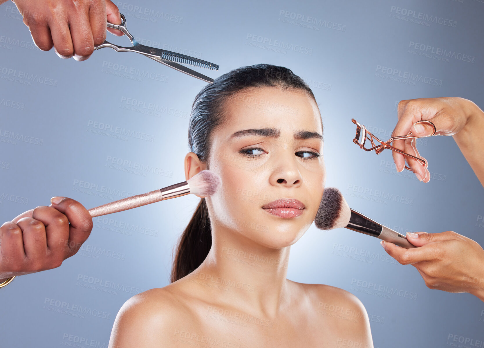 Buy stock photo Brush, makeup and face of woman with doubt in studio for wellness, beauty and cosmetics on blue background. Cosmetology, salon and confused female person for application, foundation and products