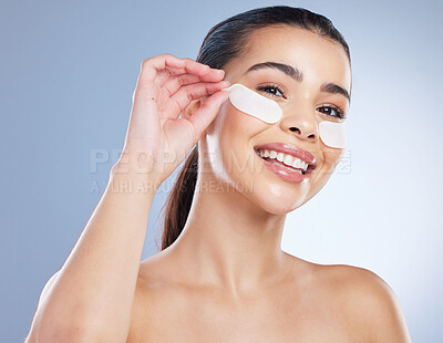 Buy stock photo Skincare, eye pads and portrait of woman in studio for wellness, healthy skin and facial. Dermatology aesthetic, beauty and face of female person with mask for anti aging, cosmetics and treatment