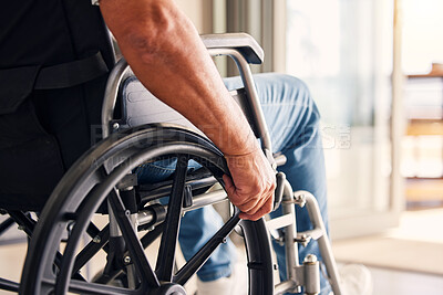 Buy stock photo Man, hands and wheelchair for support, hope or travel in healthcare or medicare at home. Closeup of male or person with a disability moving on chair for mobility, surgery or wellness in the house