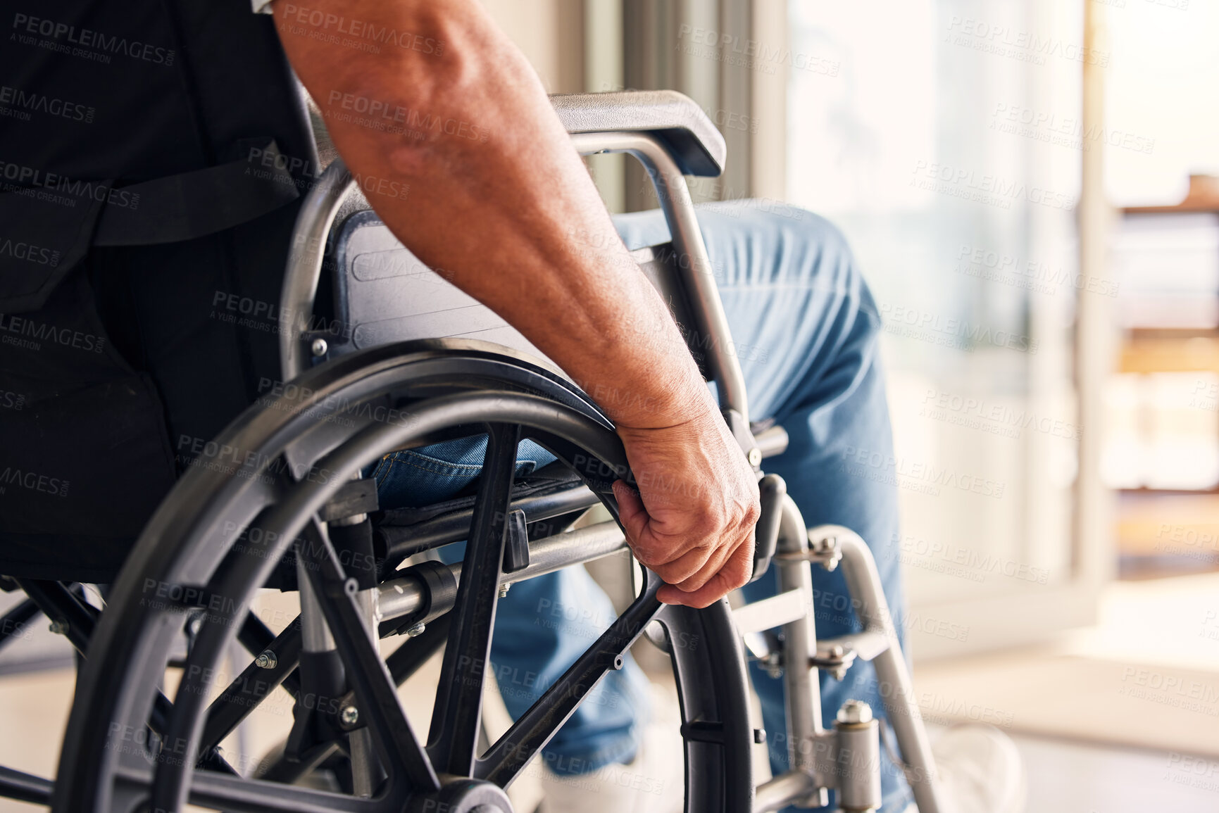 Buy stock photo Man, hands and wheelchair for support, hope or travel in healthcare or medicare at home. Closeup of male or person with a disability moving on chair for mobility, surgery or wellness in the house
