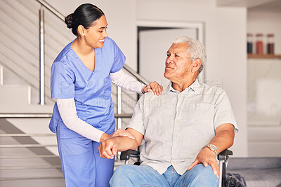 Buy stock photo Happy woman, nurse and talking to patient in wheelchair for support, medical service and physical therapy in retirement home. Caregiver helping elderly person with disability, healthcare and nursing