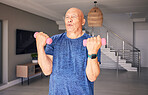 Dumbbells, home or old man in fitness workout for power, exercise or strong arms in retirement. Activity, gym or elderly person training or lifting weights for healthy body, wellness or mobility 