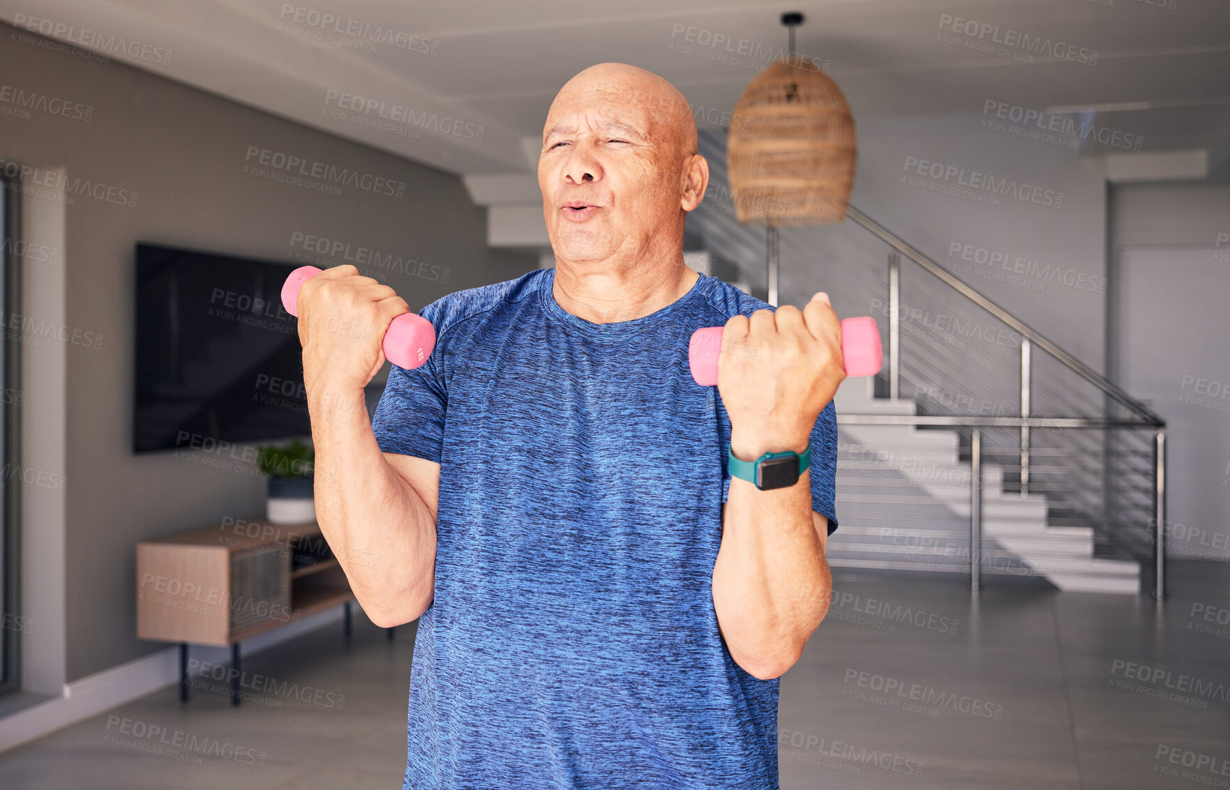 Buy stock photo Dumbbells, home or old man in fitness workout for power, exercise or strong arms in retirement. Activity, gym or elderly person training or lifting weights for healthy body, wellness or mobility 