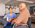 Nurse support disabled man in wheelchair with medical trust, wellness and aid in nursing home. Happy caregiver, patient and disability service for healthcare, rehabilitation and helping in retirement