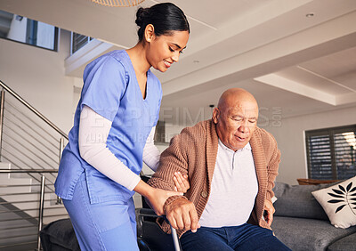 Buy stock photo Happy woman, man in wheelchair and support in nursing home for medical service, physical therapy and retirement. Caregiver, nurse and helping patient with disability, homecare and health assistance