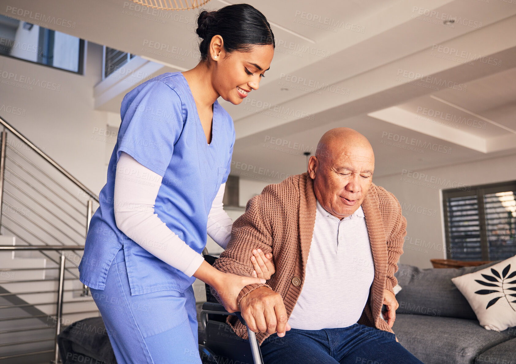Buy stock photo Happy woman, man in wheelchair and support in nursing home for medical service, physical therapy and retirement. Caregiver, nurse and helping patient with disability, homecare and health assistance