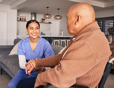 Buy stock photo Happy woman, nursing home and support man with disability in wheelchair for medical trust, advice and wellness. Nurse, caregiver and holding hands of patient for rehabilitation, helping or consulting