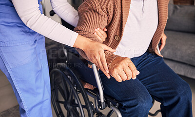 Buy stock photo Hands, nurse and patient in wheelchair for support, medical service and physical therapy in retirement home. Closeup of caregiver helping elderly person with disability, healthcare and nursing aid