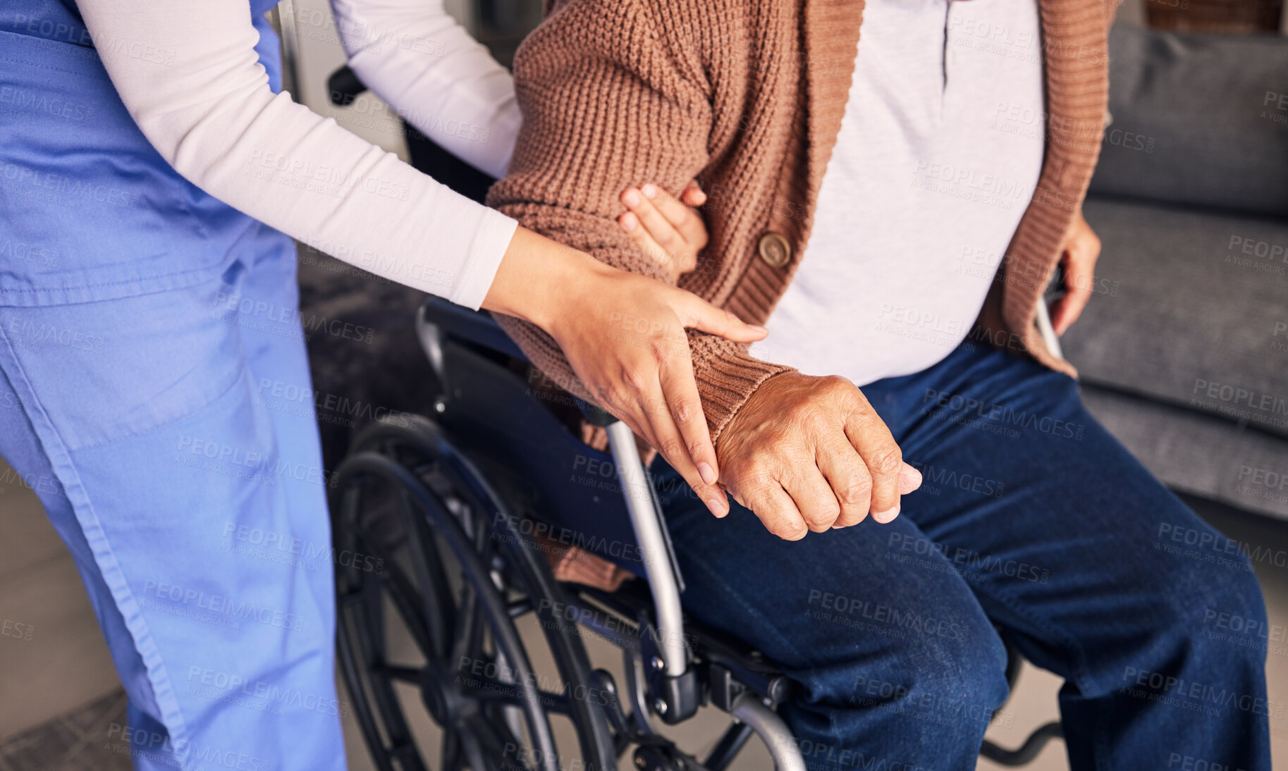 Buy stock photo Hands, nurse and patient in wheelchair for support, medical service and physical therapy in retirement home. Closeup of caregiver helping elderly person with disability, healthcare and nursing aid