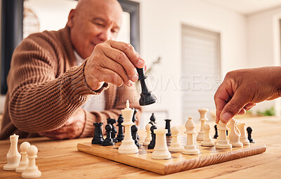 Buy stock photo Senior man, home and chess for games, competition and focus with friends, strategy and problem solving. Elderly person, hands and board for contest with mindset, excited smile and moving at table