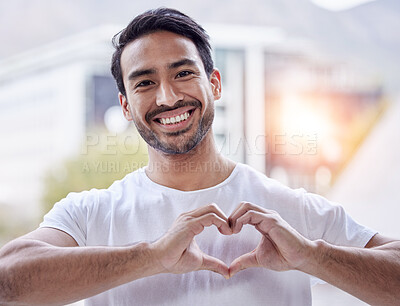 Buy stock photo Portrait, smile and Asian man with heart sign, support and review with romance, loving and social media. Face, male person and guy with symbol for love, casual or romantic shape with feedback or care