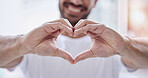 Closeup, hands and man with heart sign, support and review with romance, care and social media. Emoji, male person and guy with symbol for love, health and romantic shape with feedback and affection