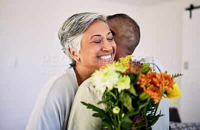 Flower bouquet, senior couple hug or gift for Valentines Day, anniversary or marriage love, care and support. Home bond, natural or elderly woman, man or excited people with floral retirement present