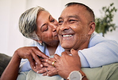 Buy stock photo Face, kiss or happy elderly couple hug, support and enjoy time together, smile and retirement wellness. Happiness, Mexico home and senior man, old woman or people bonding, relax and care for partner