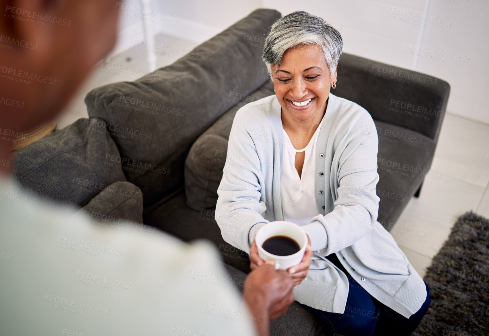 Buy stock photo Love, coffee cup and happy senior couple bonding, relax and spending time together, smile and enjoy morning caffeine. Latte mug, home drink and elderly man, old woman or people with espresso beverage