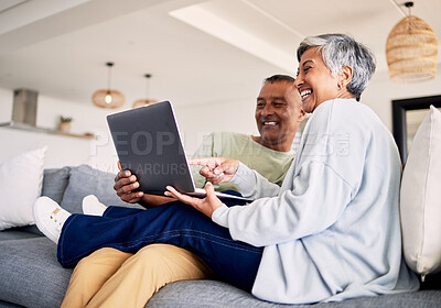 Buy stock photo Mature couple, laptop and relax on sofa in living room, download media and choice of watching movie together. Happy man, woman and computer for streaming online video, web subscription and internet