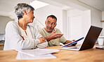 Senior couple, taxes and laptop with talk, documents and planning with financial review, teamwork and home. Mature man, woman and computer with paperwork for budget, audit and compliance in house