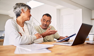 Buy stock photo Senior couple, taxes and laptop with talk, documents and planning with financial review, teamwork and home. Mature man, woman and computer with paperwork for budget, audit and compliance in house