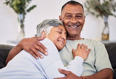 Buy stock photo Home, hug and senior couple with love, relationship and retirement with affection, romantic and bonding. Romance, old woman or elderly man embrace, relationship or relax with care and loving together