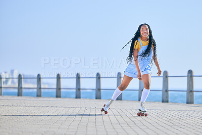 Buy stock photo Skating, portrait and woman with happiness on the promenade for fun and weekend skate. Summer, smile and person with mockup while on roller skates for a trendy activity, hobby and vacation in street