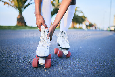 Buy stock photo Leg injury, roller skates and hands on street for exercise accident, workout or training mockup. Skating, shoes of person and pain on road, arthritis or medical emergency, fibromyalgia and hurt ankle