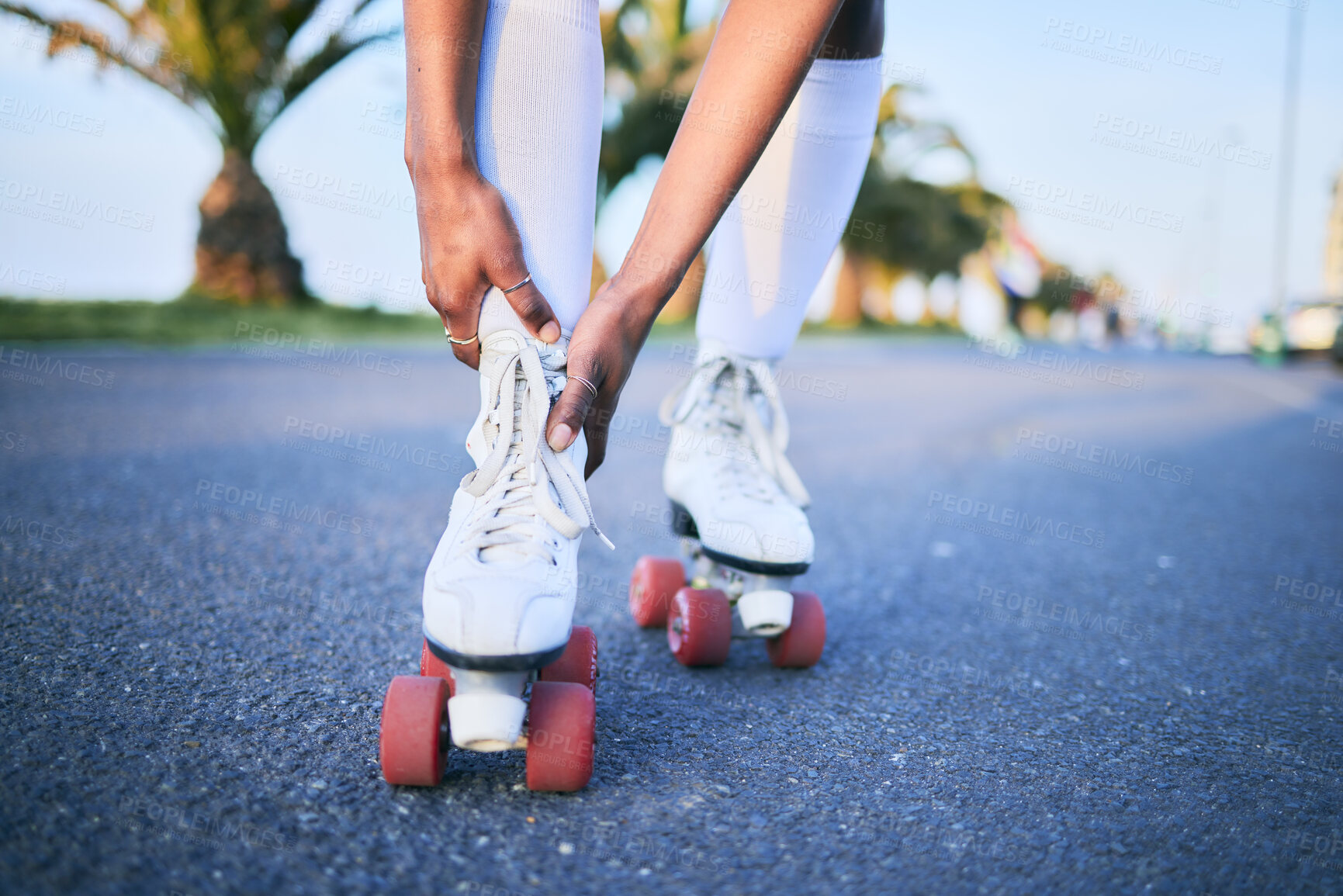 Buy stock photo Leg injury, roller skates and hands on street for exercise accident, workout or training mockup. Skating, shoes of person and pain on road, arthritis or medical emergency, fibromyalgia and hurt ankle