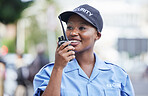 Woman, security guard and radio in street, city and communication for contact, backup or safety with smile. African protection agent, audio tech and talk with info in metro, cbd or road to stop crime