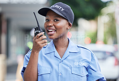 Buy stock photo Security woman, radio and portrait in city, communication and contact for backup, support or safety in street. African protection agent, audio tech and talk with info in metro, cbd or road for crime