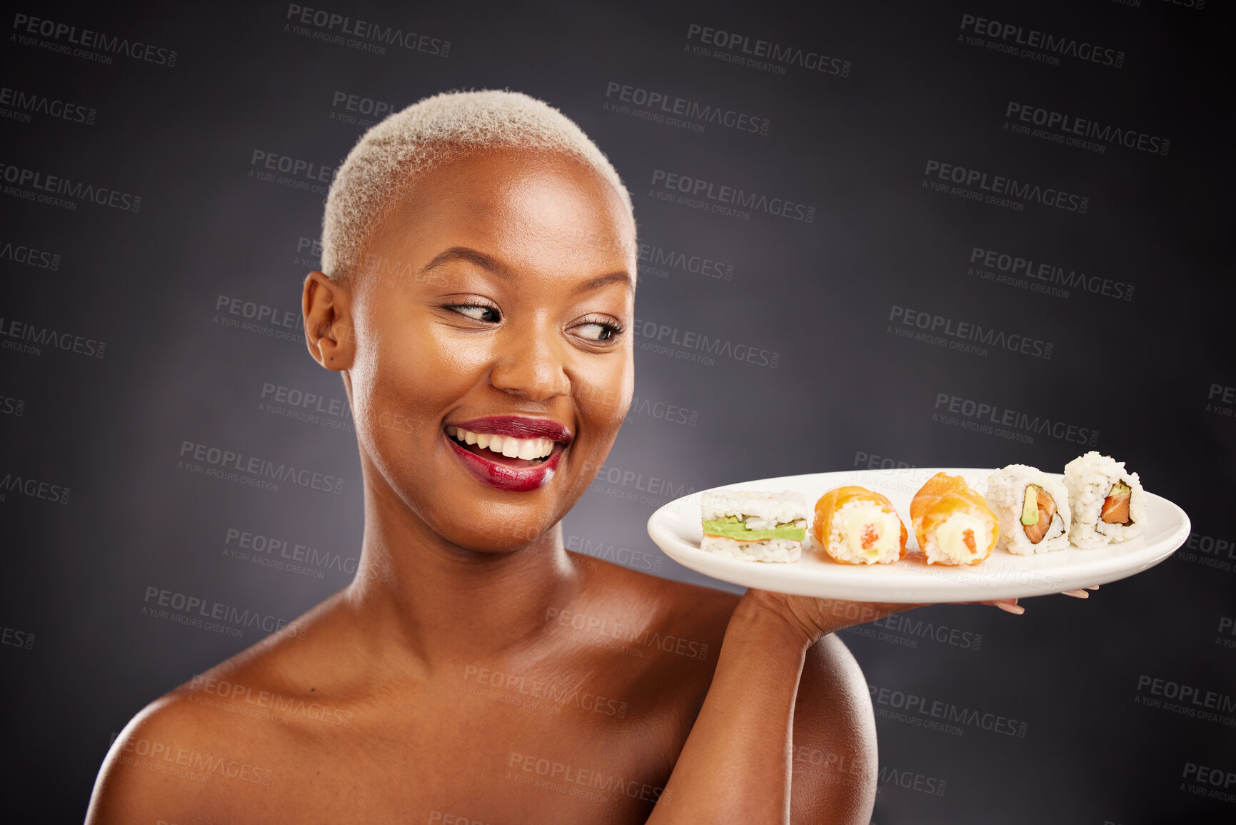 Buy stock photo Happy, black woman and plate of sushi with salmon, rice and vegetables for eating a platter of fish, seafood or luxury. Healthy menu, diet or lunch and dinner of sashimi from Asian restaurant