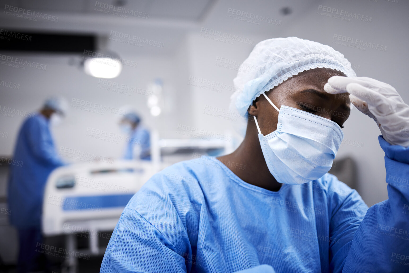 Buy stock photo Stress, black woman and doctor with depression, anxiety and mental health issue with surgery loss. Female person, employee and medical professional with burnout, sad and anxious with mistake or grief