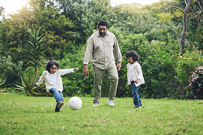Buy stock photo Happy, soccer and father with children in garden for playful, learning and sports. Summer, fitness and family with man and kids playing football in backyard at home for teaching, workout and growth