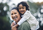 Funny face, grandmother and piggyback kid at park, nature or outdoor on vacation. Portrait, happy and grandma carrying child, bonding and laughing, care and enjoying quality time together with bokeh.