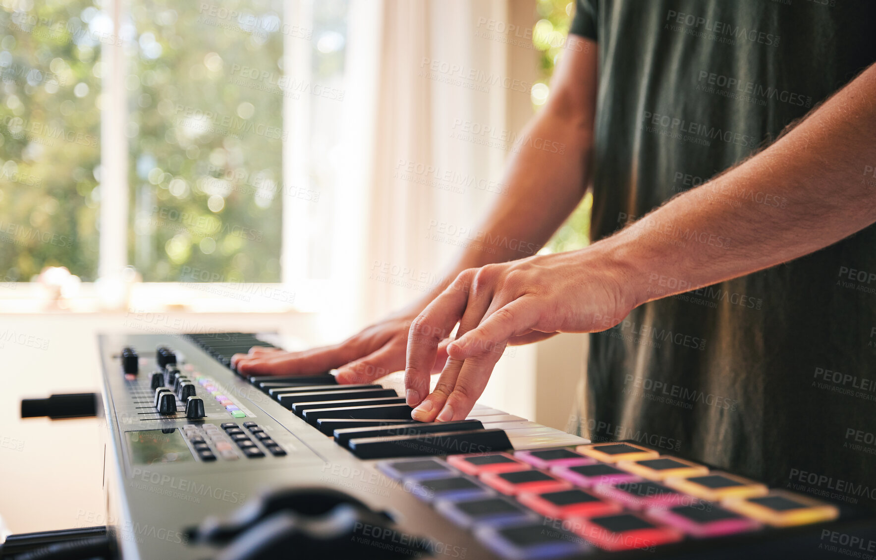 Buy stock photo Hands, man and synthesizer piano for music, talent and skills in home studio. Closeup, musician and playing electrical keyboard for audio performance, sound artist and learning notes on instrument